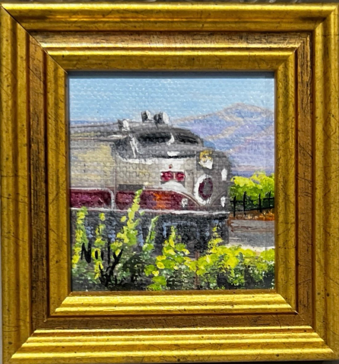 Wine Train miniature original acrylic painting by Karen Neely, framed in custom Italian molding, Napa vineyard scene, 3x3 inches overall