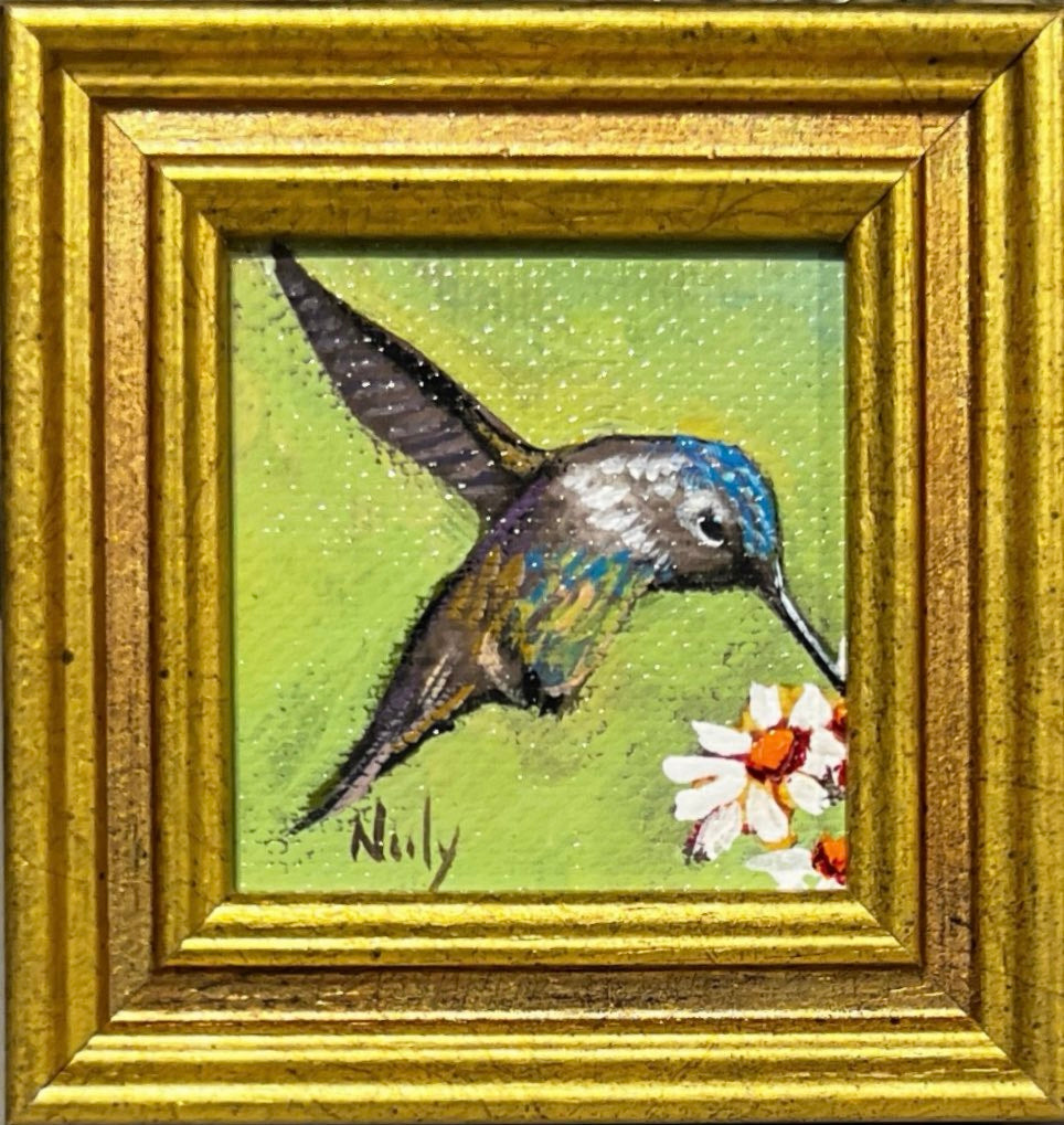 Hummingbird miniature original acrylic painting by Karen Neely, framed in custom Italian molding, green background with flower, 3x3 inches overall