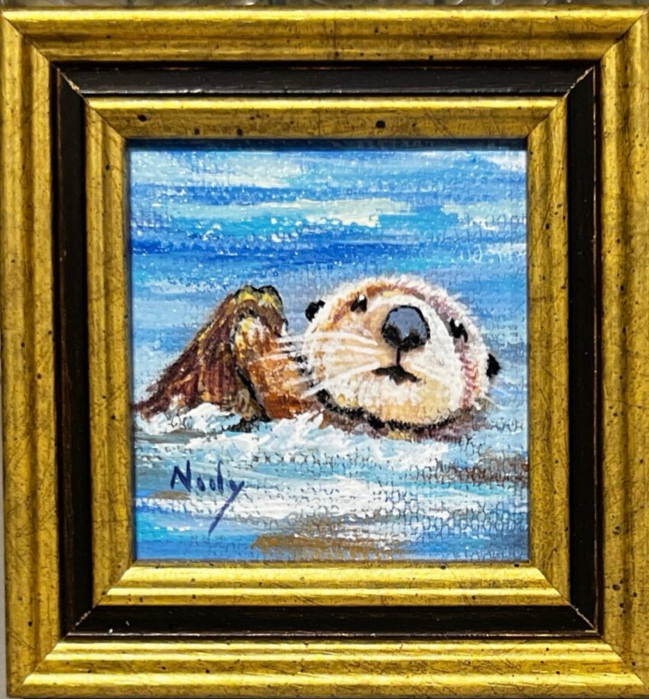Otter miniature original acrylic painting by Karen Neely, framed in custom Italian molding, ocean water scene, 3x3 inches overall