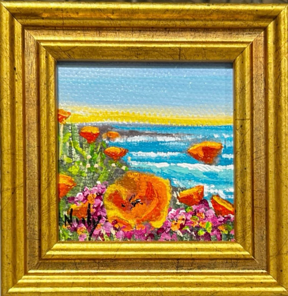 Poppies miniature original acrylic painting by Karen Neely, framed in custom Italian molding, coastal ocean scene with flowers, 3x3 inches overall