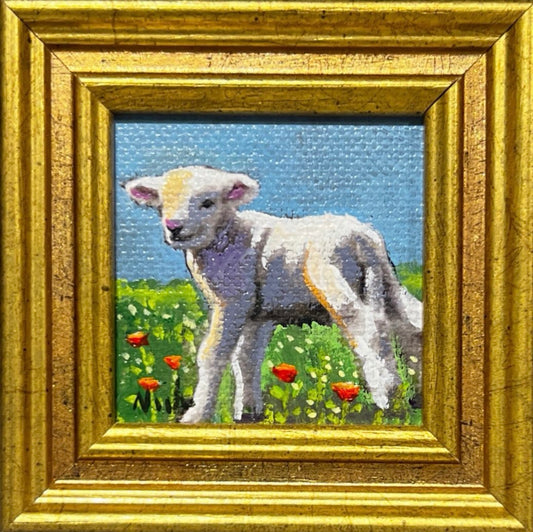Lamb miniature original acrylic painting by Karen Neely, framed in custom Italian molding, pastoral field scene, 3x3 inches overall