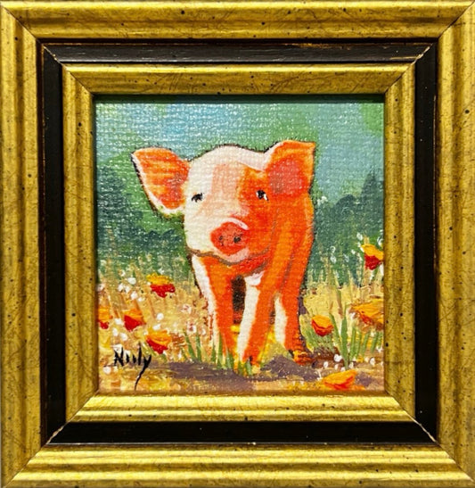Pig miniature original acrylic painting by Karen Neely, framed in custom Italian molding, wildflower field scene, 3x3 inches overall
