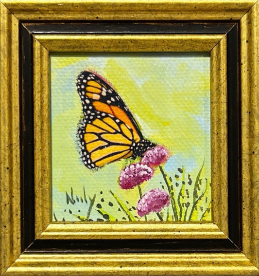 Butterfly miniature original acrylic painting by Karen Neely, framed in custom Italian molding, monarch butterfly with flowers, 3x3 inches overall