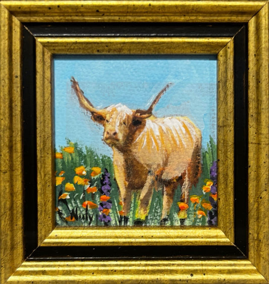 Highland cow miniature original acrylic painting by Karen Neely, framed in custom Italian molding, cow with wildflowers, 3x3 inches overall