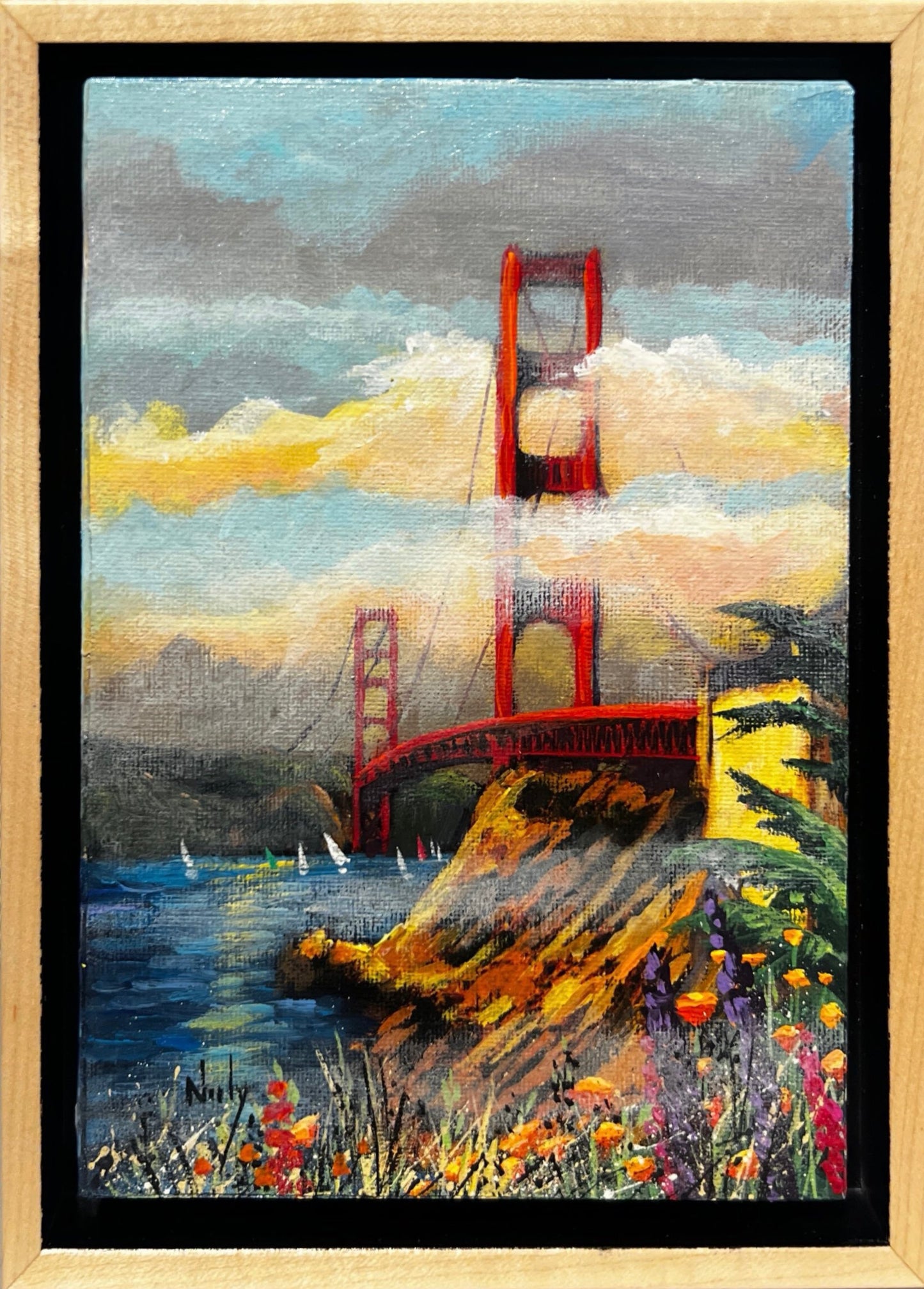 Golden Gate Bridge original acrylic painting by Karen Neely with coastal landscape and wildflowers, framed in maple, 7x9 inches
