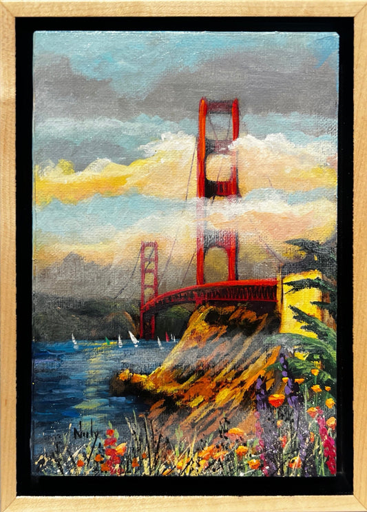 Golden Gate Bridge original acrylic painting by Karen Neely with coastal landscape and wildflowers, framed in maple, 7x9 inches