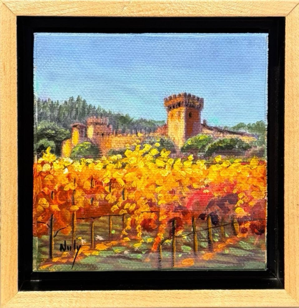 Castello Di Amorosa vineyard original acrylic painting by Karen Neely with autumn vines, framed in maple, 5x5 inches