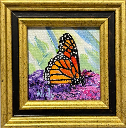 Butterfly miniature original acrylic painting by Karen Neely with purple flowers, framed in custom Italian molding, 3x3 inches