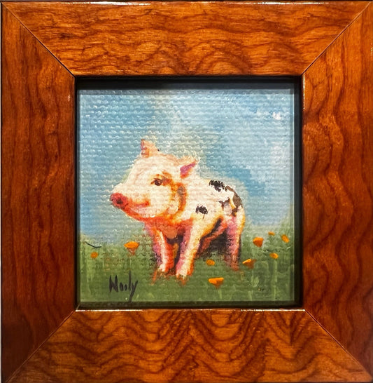Small acrylic piglet artwork framed in burl wood with ribbon hanger by Karen Neely