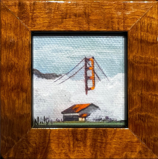 Small San Francisco bridge artwork in burl wood frame with ribbon hanger
