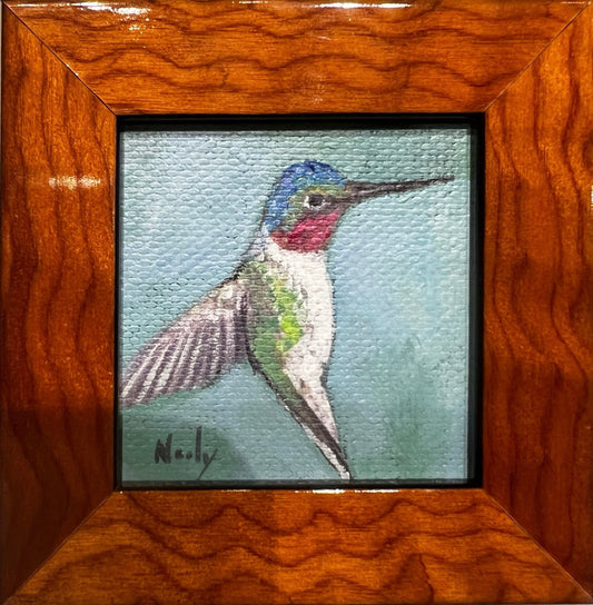 Tiny framed hummingbird acrylic artwork with burl wood frame