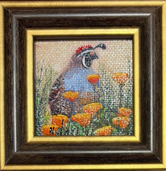 Karen Neely original miniature acrylic painting titled Quail featuring a California quail among orange poppies and wild grasses, framed in custom Italian moulding.