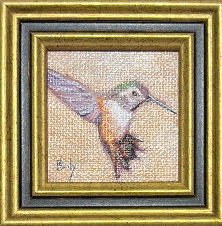 Karen Neely original miniature acrylic painting titled Humming Bird featuring a hovering hummingbird with outstretched wings, framed in custom Italian moulding.