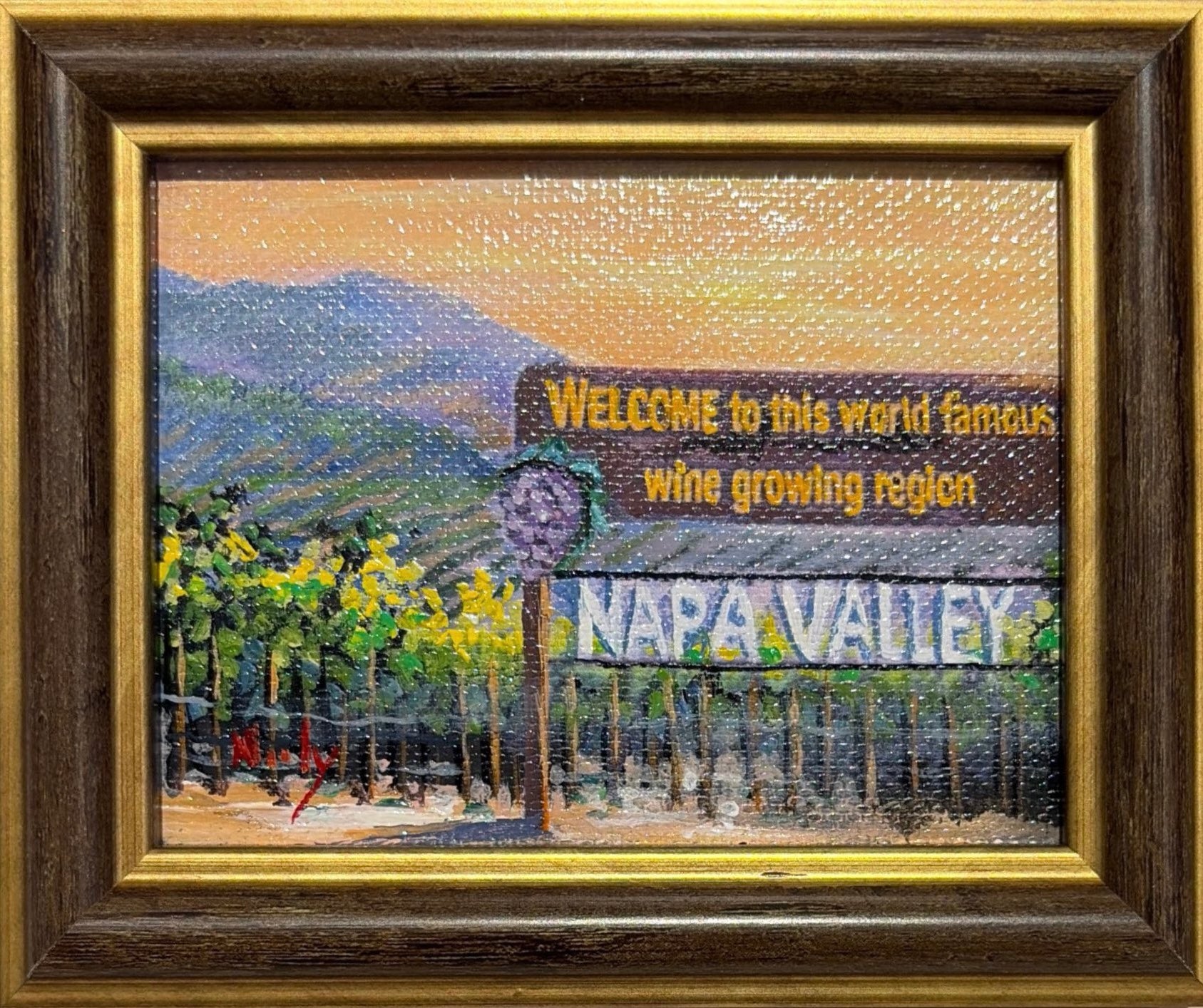 Karen Neely original miniature acrylic painting titled Napa Valley Sign featuring the iconic Napa Valley welcome sign with vineyards and rolling hills, framed in custom Italian moulding.