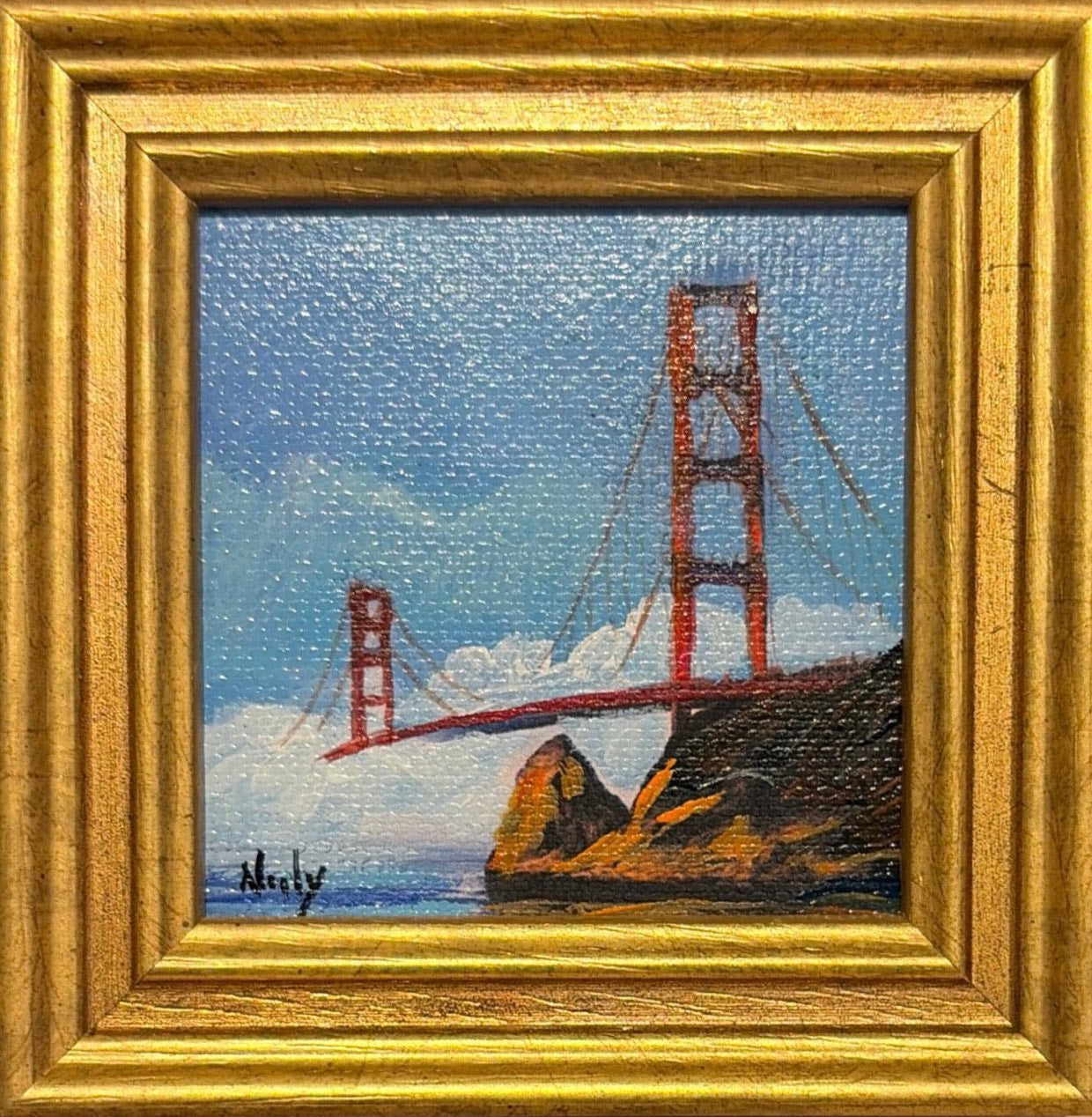 Karen Neely original miniature acrylic painting titled Golden Gate Bridge featuring the iconic San Francisco bridge rising above coastal fog, framed in custom Italian moulding.
