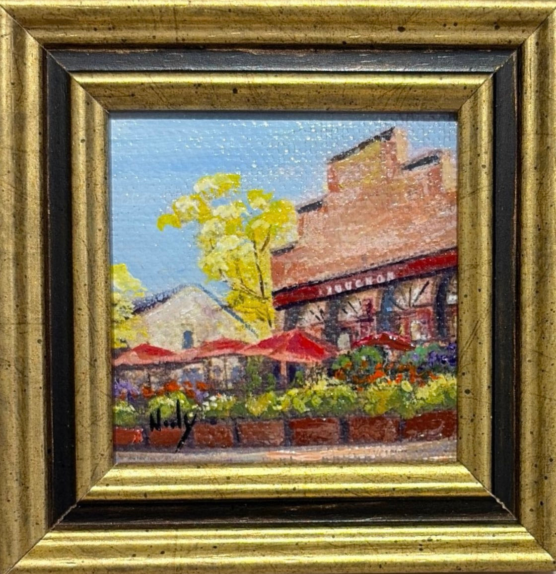 Karen Neely original miniature acrylic painting titled Bouchon Bakery featuring the iconic Yountville bakery with red awnings, gardens, and outdoor seating, framed in custom Italian moulding.
