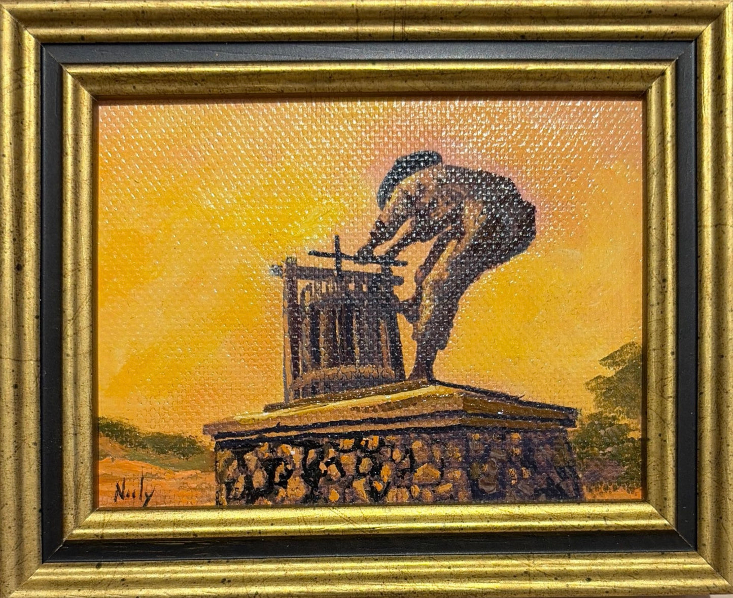 Karen Neely original miniature acrylic painting titled Grape Crusher featuring the iconic Napa Valley grape crusher sculpture against a golden sky, framed in custom Italian moulding.