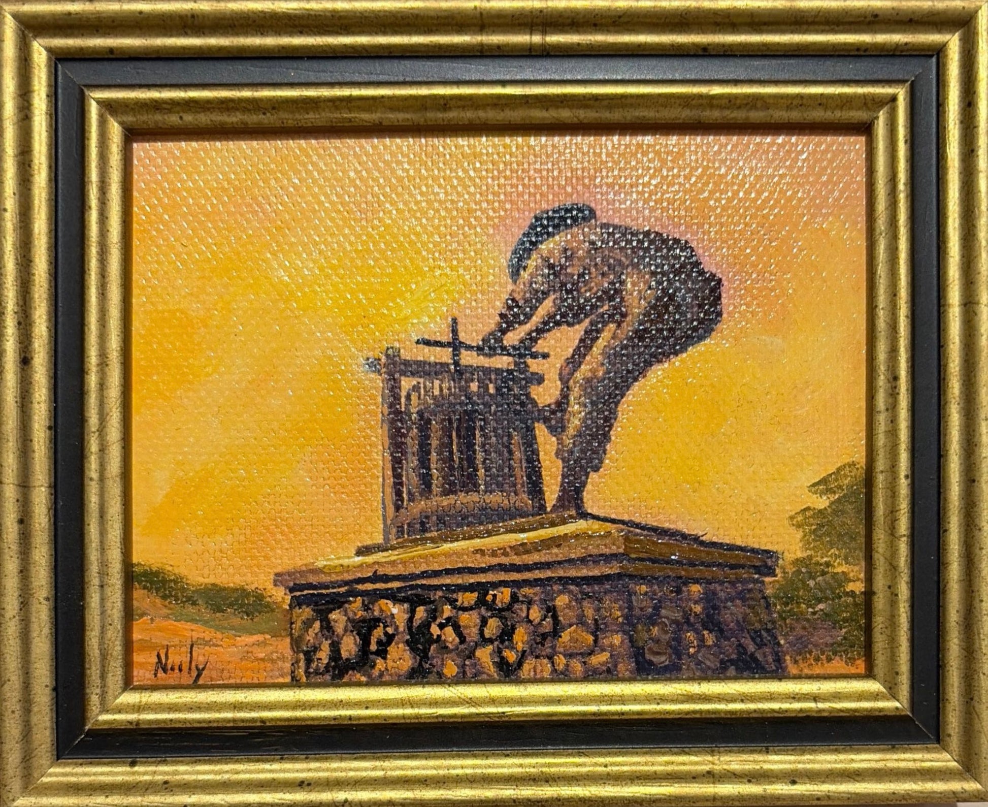 Karen Neely original miniature acrylic painting titled Grape Crusher featuring the iconic Napa Valley grape crusher sculpture against a golden sky, framed in custom Italian moulding.