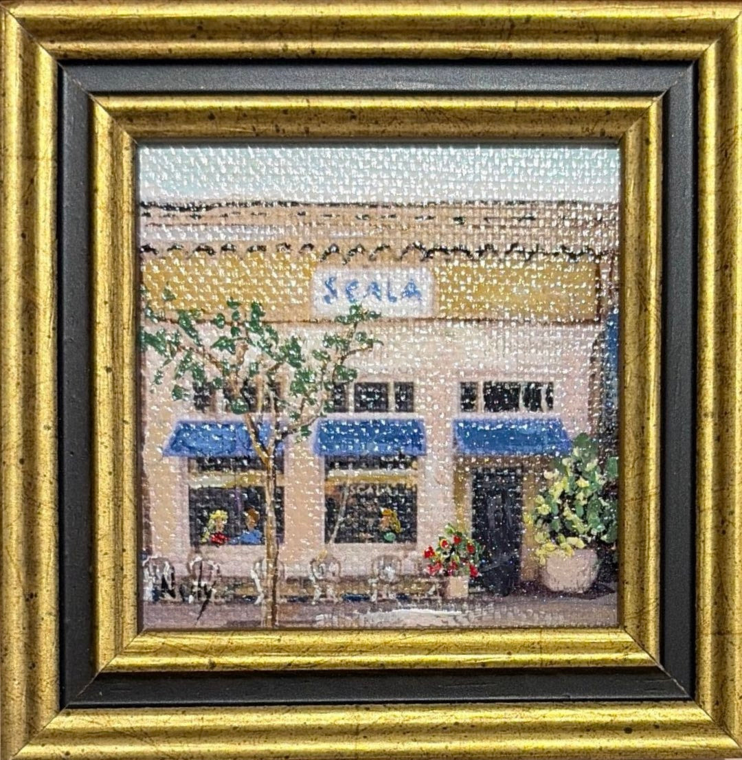 Karen Neely original miniature acrylic painting titled Scala featuring the restaurant storefront with blue awnings and outdoor seating in Napa Valley, framed in custom Italian moulding.