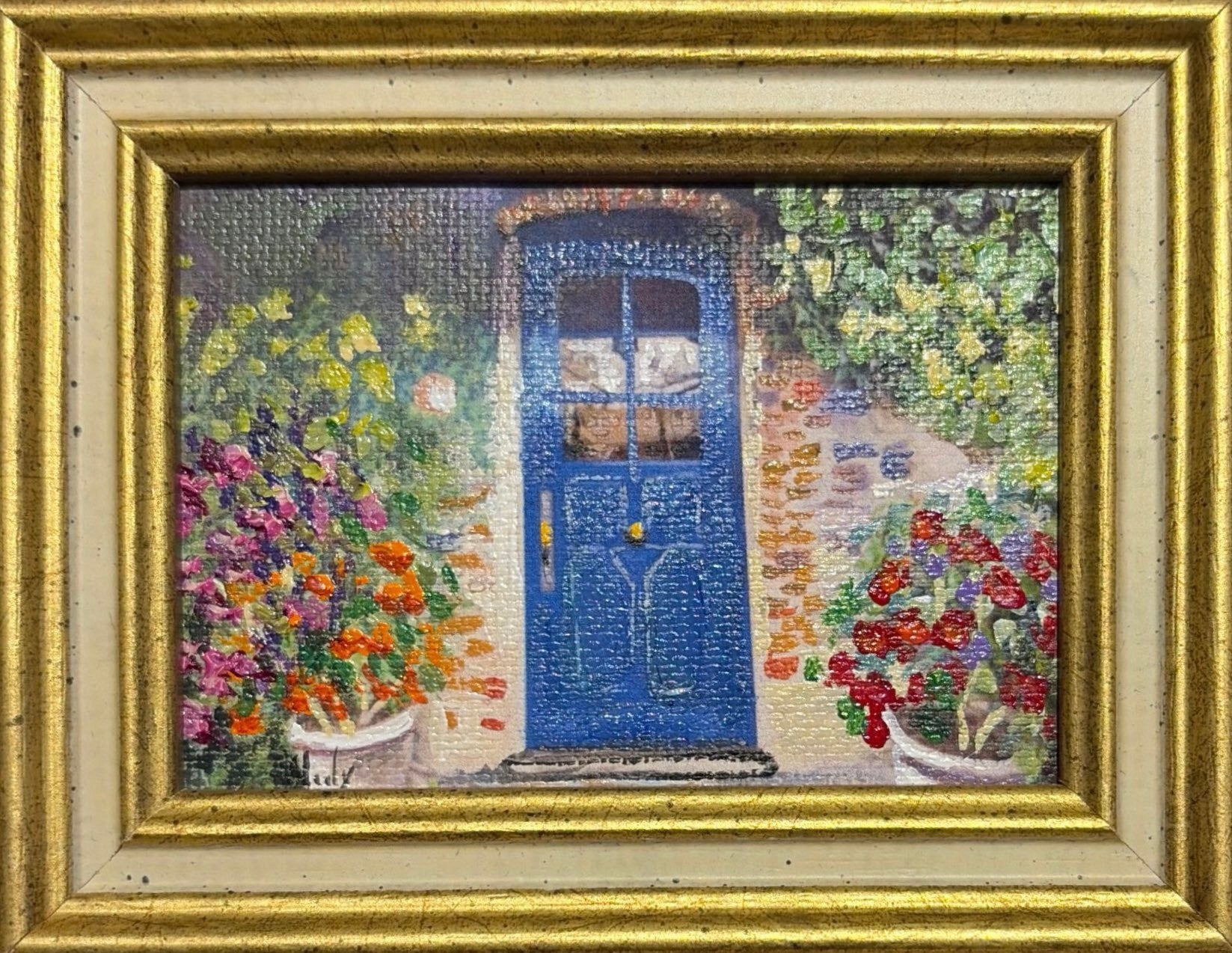 Blue Door (French Laundry) original acrylic painting by Karen Neely featuring the iconic blue entrance surrounded by colorful gardens, custom framed in an Italian gold moulding.