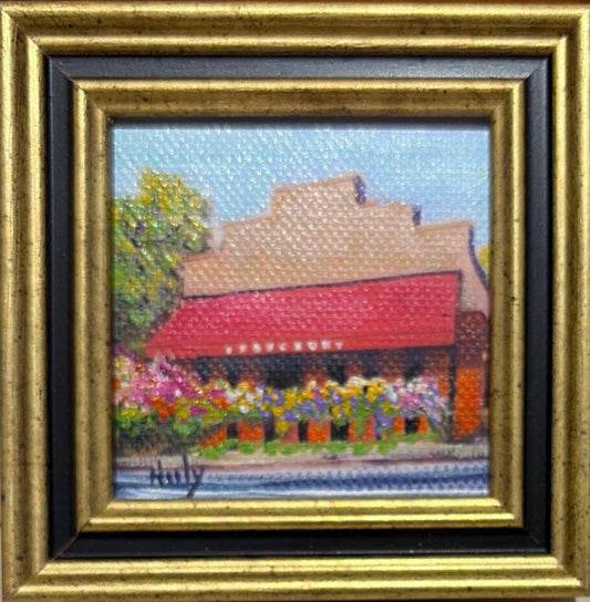 Bouchon Bakery original acrylic painting by Karen Neely featuring the iconic Yountville bakery with its red awning and colorful flower boxes, custom framed in an Italian gold moulding.