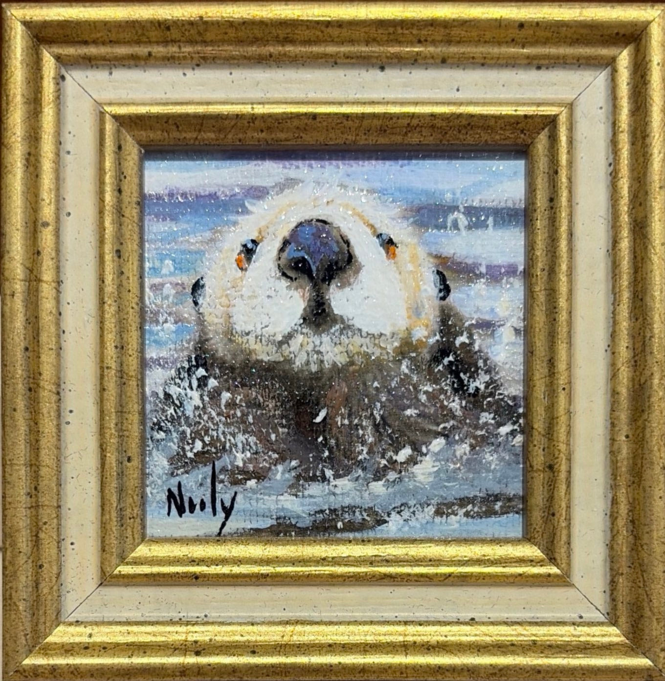 Otter original acrylic painting by Karen Neely featuring a playful sea otter floating on the water, custom framed in an Italian gold moulding.