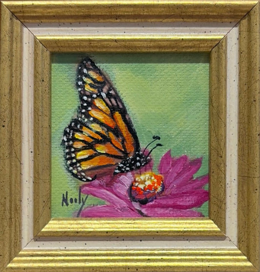 Butterfly original acrylic painting by Karen Neely featuring a monarch butterfly resting on a vibrant pink flower, custom framed in an Italian gold moulding.