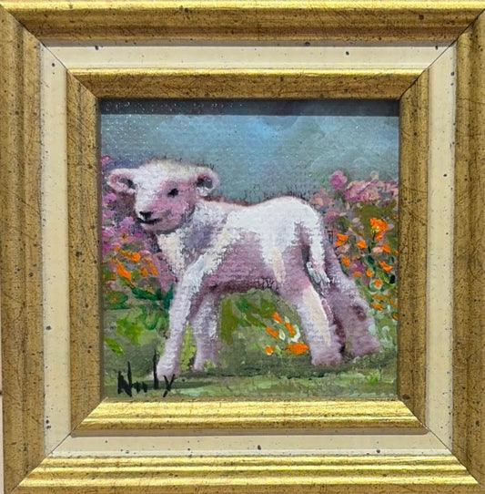 Lamb original acrylic painting by Karen Neely featuring a young white lamb standing among colorful spring wildflowers, custom framed in an Italian gold moulding.