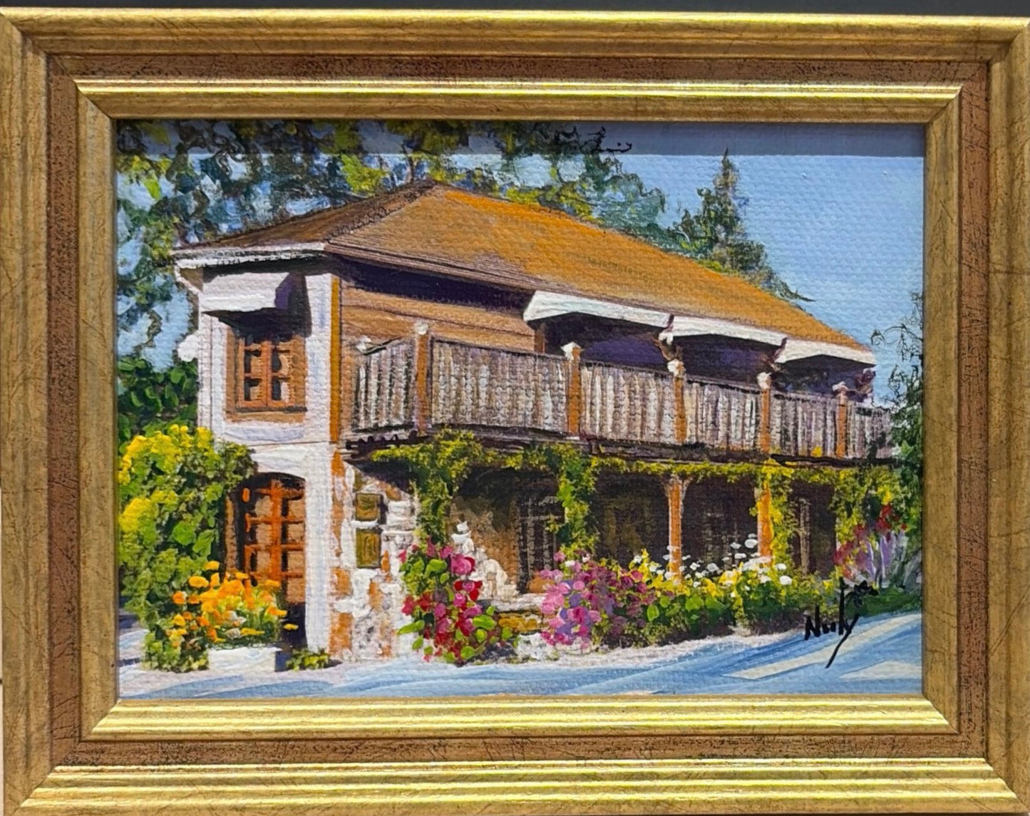 French Laundry original acrylic painting by Karen Neely featuring the iconic Yountville restaurant surrounded by colorful gardens, custom framed in an Italian gold moulding.