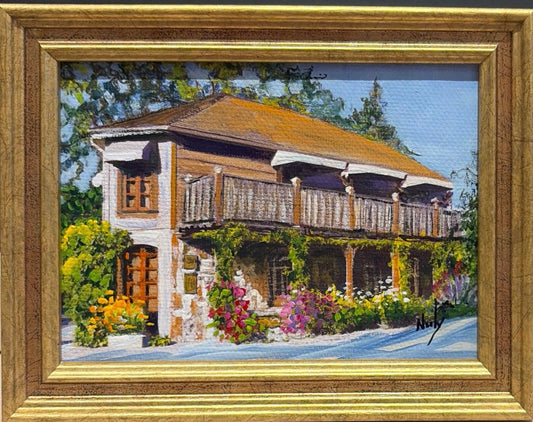 French Laundry original acrylic painting by Karen Neely featuring the iconic Yountville restaurant surrounded by colorful gardens, custom framed in an Italian gold moulding.