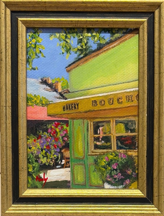 Bouchon Bakery original acrylic painting by Karen Neely featuring the iconic Yountville bakery storefront with colorful flowers, custom framed in an Italian gold moulding.