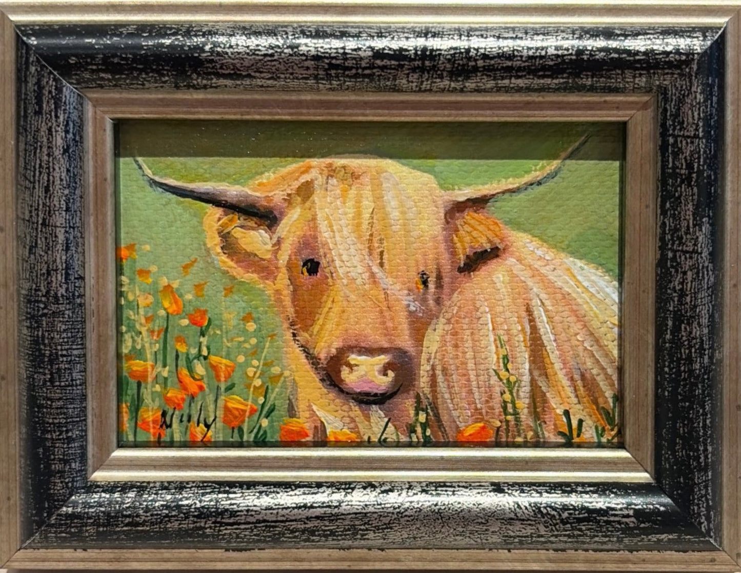 Highland Cow original acrylic painting by Karen Neely featuring a shaggy Highland cow surrounded by California poppies, custom framed in an Italian gold moulding.