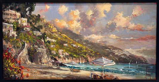 Summer Romanc 24x48" original oil on canvas by Steven Quartly depicts the Italian Riviera - Lake Como.  What better place for a Summer Romance?
