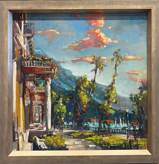 View of Lago Como an original oil by Steven Quartly depicting Lake Como.