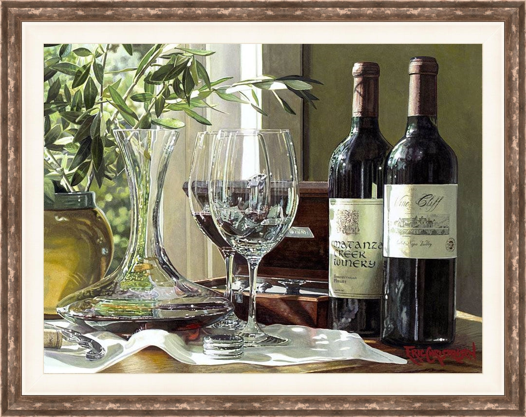 Time to Breathe Eric Christensen 30x40 custom framed canvas wine artwork with linen liner and wood frame