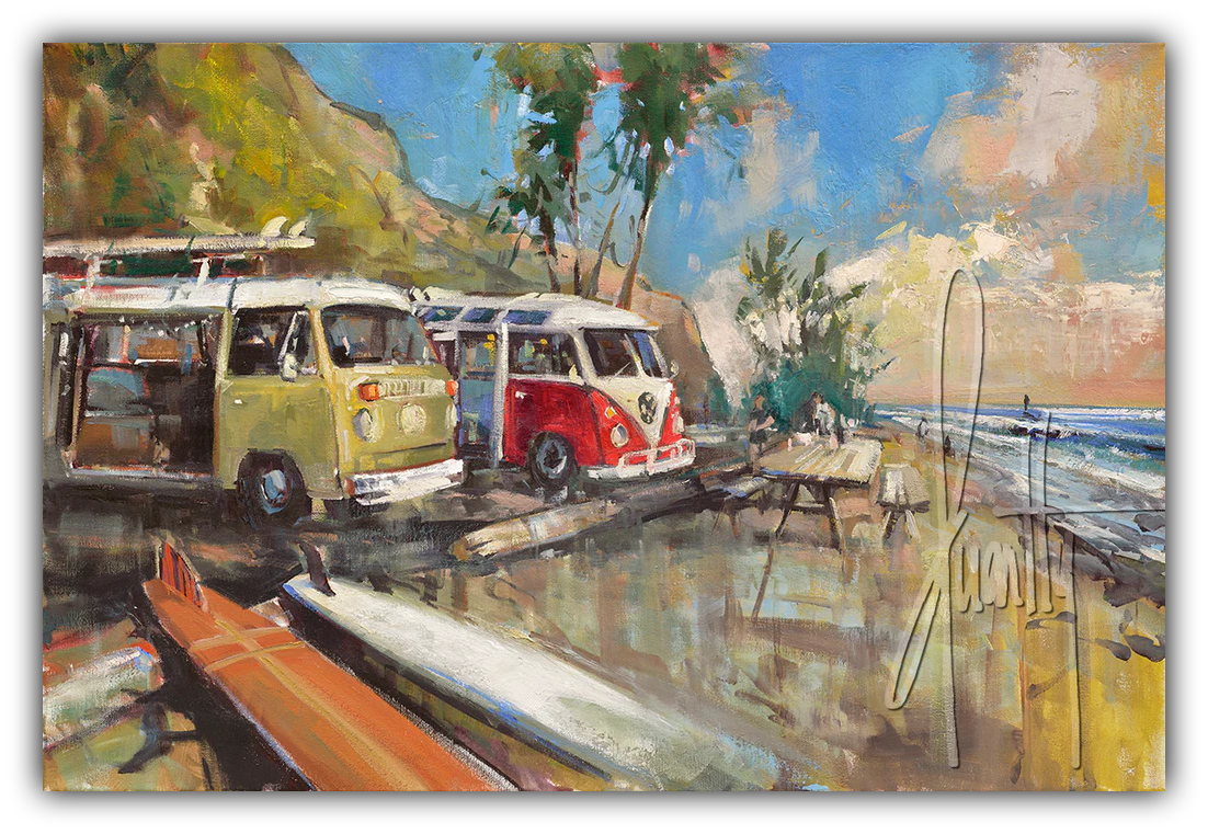 A Classic Day by Steven Quartly features two Volkswagen buses on the coast.