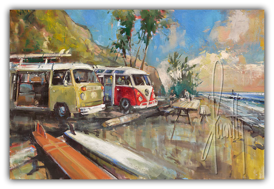 A Classic Day by Steven Quartly features two Volkswagen buses on the coast.