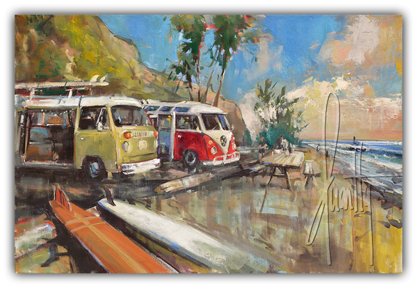 A Classic Day by Steven Quartly features two Volkswagen buses on the coast.