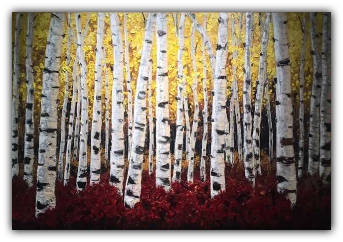 Crimson Midnight limited edition giclée on canvas by Jennifer Vranes featuring tall white aspens with golden foliage above and crimson leaves below.