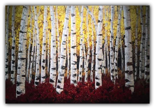 Crimson Midnight limited edition giclée on canvas by Jennifer Vranes featuring tall white aspens with golden foliage above and crimson leaves below.