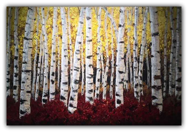 Crimson Midnight limited edition giclée on canvas by Jennifer Vranes featuring tall white aspens with golden foliage above and crimson leaves below.