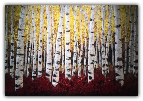 Crimson Midnight limited edition giclée on canvas by Jennifer Vranes featuring tall white aspens with golden foliage above and crimson leaves below.