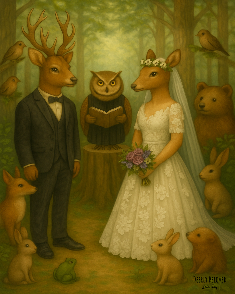 Deerly Beloved by Lila Joy – Whimsical Realism giclée on canvas or archival paper by Napa Valley artist; deer bride and groom in a woodland wedding ceremony.