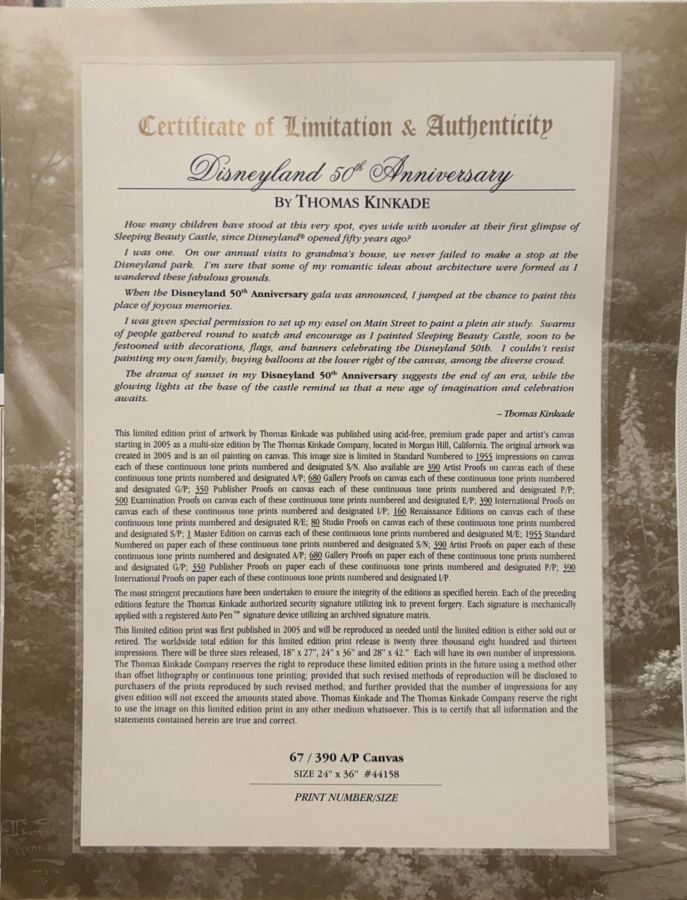 Thomas Kinkade Disneyland 50th Anniversary Certificate of Authenticity
