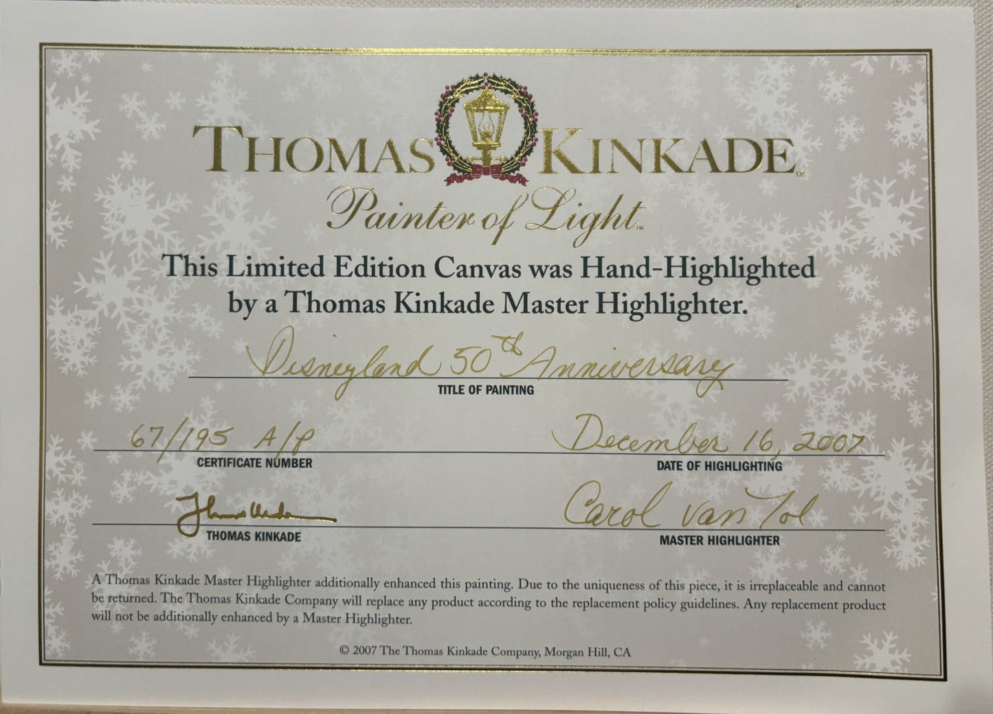 Thomas Kinkade Disneyland 50th Anniversary Highlighting Certificate
