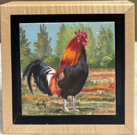 Rooster miniature original acrylic painting by Karen Neely (#E395), 3x3", featuring a colorful rooster in a rustic field, float framed in hand-rubbed maple with easel back (framed size ~4x4").