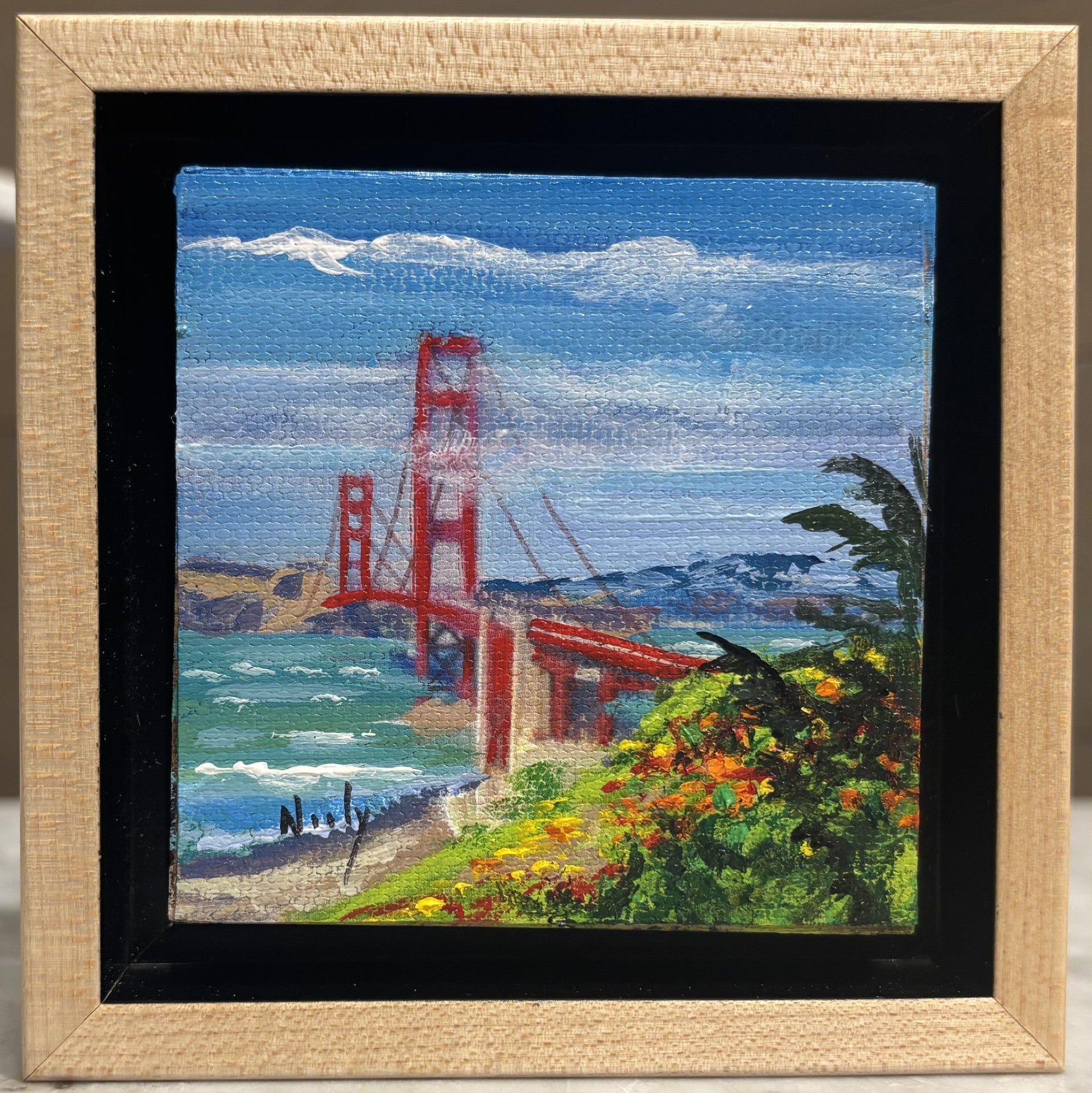 Golden Gate Bridge miniature original acrylic painting by Karen Neely (#E404), 3x3", with California coastal flowers, float framed in hand-rubbed maple.