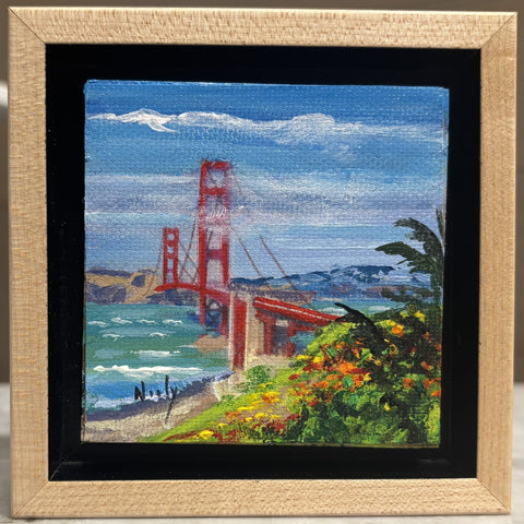 Golden Gate Bridge miniature original acrylic painting by Karen Neely (#E404), 3x3", with California coastal flowers, float framed in hand-rubbed maple.
