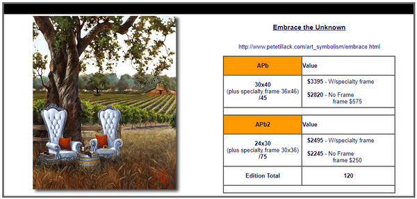 “Embrace the Unknown by Pete Tillack showing two white chairs under a tree overlooking Napa Valley vineyards.”