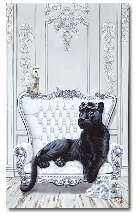 Pete Tillack Embrace the Shadows black panther in aviator goggles lounging in an ornate white chair with an owl, original oil painting.
